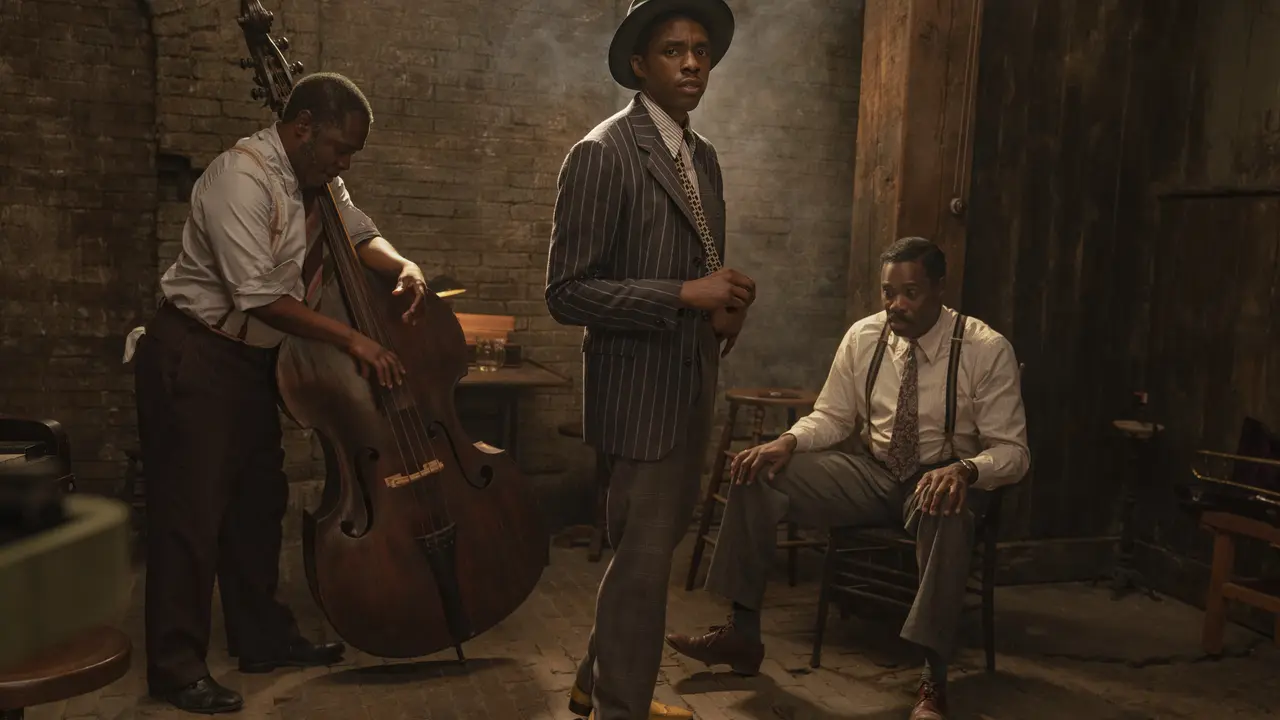 Chadwick Boseman (tengah) dalam Ma Rainey's Black Bottom. (David Lee/Netflix via AP)
