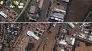 Kombinasi gambar yang dirilis oleh Maxar Technologies ini menunjukkan pemandangan sebelum dan sesudah banjir di halaman kereta api dan bangunan di utara bandara di Porto Alegre, Brasil, pada tanggal 7 Mei 2024. (Satellite image ©2024 Maxar Technologies via AP)