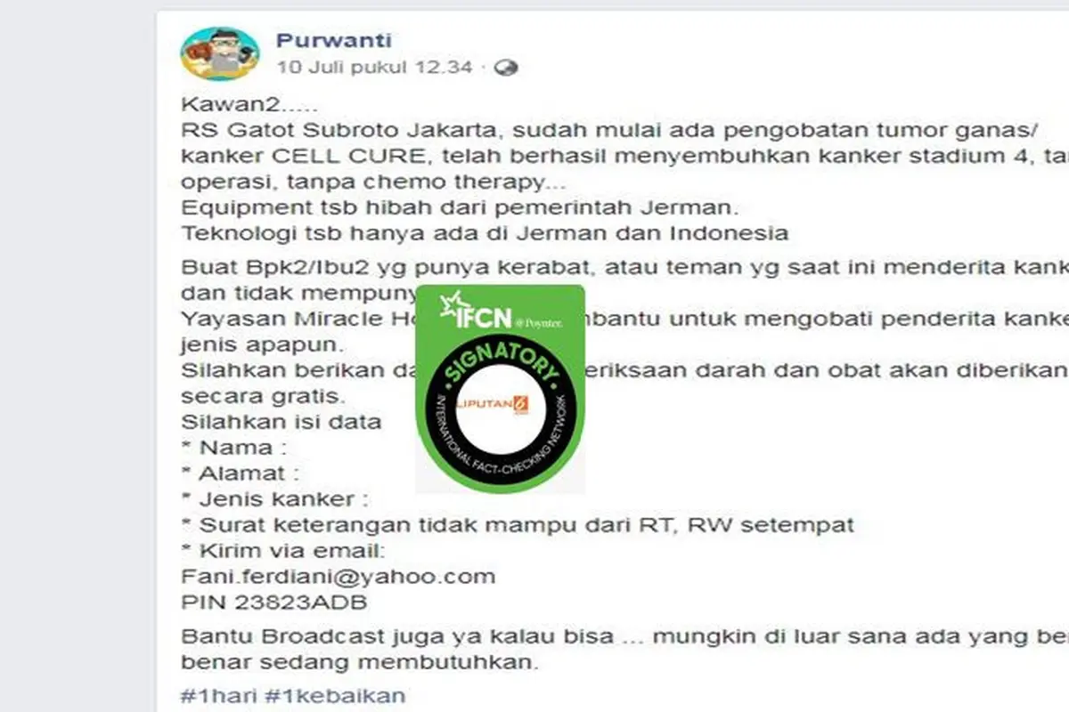 [Cek Fakta] Gambar Tangkapan Layar Pesan Berantai Soal Pengobatan Penyakit Kanker
