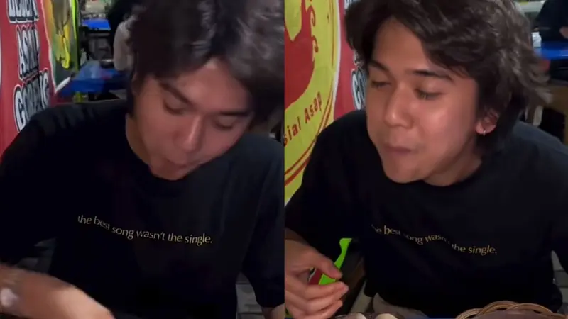 Iqbaal Ramadhan saat makan di sebuah warung pinggir jalan