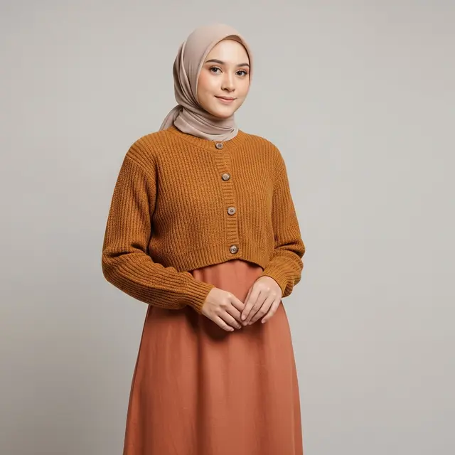 Gamis Boxy dengan Cardigan Crop Berkancing