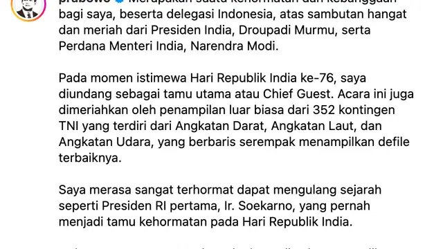 Unggahan Presiden Prabowo Subianto. (Foto: Dok. Instagram @prabowo)