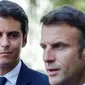 Gabriel Attal (Kiri) yang kini jadi PM termuda Prancis mempunyai tugas memimpin pemerintah menuju pemilihan Parlemen Eropa pada Juni 2024. (Lidovic Marin/AFP/Pool)