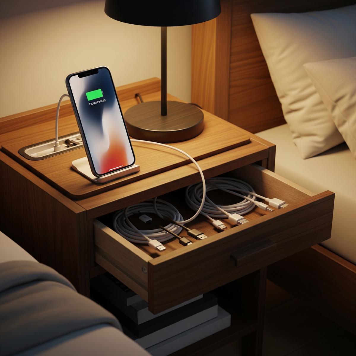 Menata Kabel Charger agar Meja Samping Tempat Tidur Rapi (AI Generated)