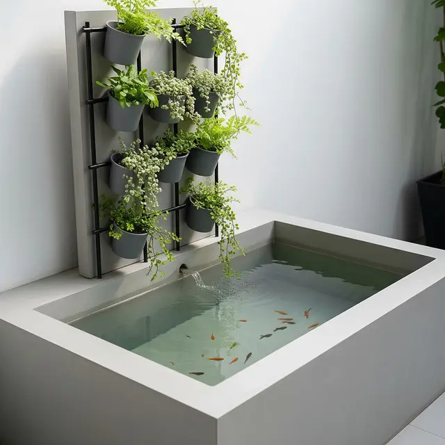 Kolam Ikan Semen Mini dengan Kebun Sayur Vertikal (Gemini AI)