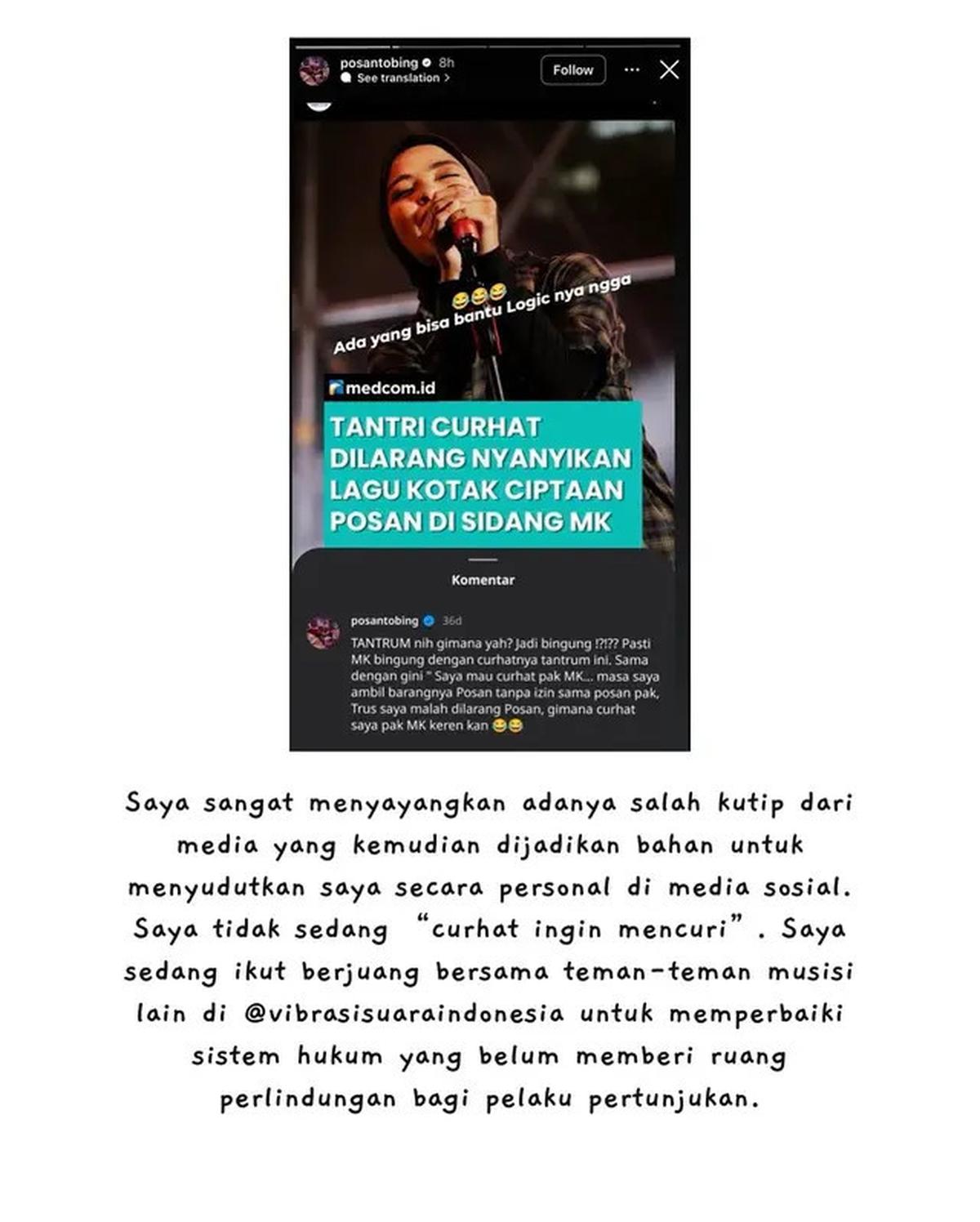 Tantri Kotak Bantah Isu Curhat Ingin Mencuri, Sorot Sistem Hukum Belum Lindungi Pelaku Pertunjukan