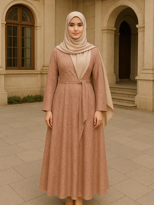 Model Gamis Brokat Selendang Bahu