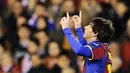 Superstar Barcelona Lionel Messi merayakan gol semata wayang kemenangan atas Valencia di Estadio Mestalla dalam lanjutan La Liga, 2 Maret 2011. AFP PHOTO/JAVIER SORIANO