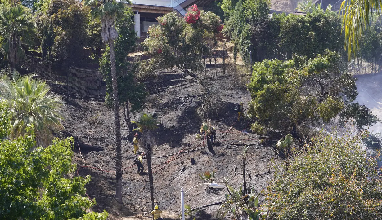 Kebakaran semak sempat mengancam rumah-rumah di Hollywood Hills pada Sabtu sore, tetapi petugas pemadam kebakaran dapat memadamkan api sebelum menyebar di luar kendali. (AP Photo/Damian Dovarganes)