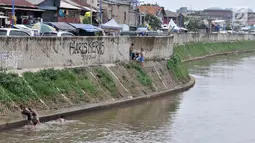 Anak-anak berenang di Kali Ciliwung, Kampung Pulo, Jakarta, Minggu (27/1). Keterbatasan ekonomi menjadikan Kali Ciliwung sebagai tempat pilihan bagi anak-anak setempat untuk menghabiskan waktu bermain saat libur sekolah. (Merdeka.com/Iqbal Nugroho)