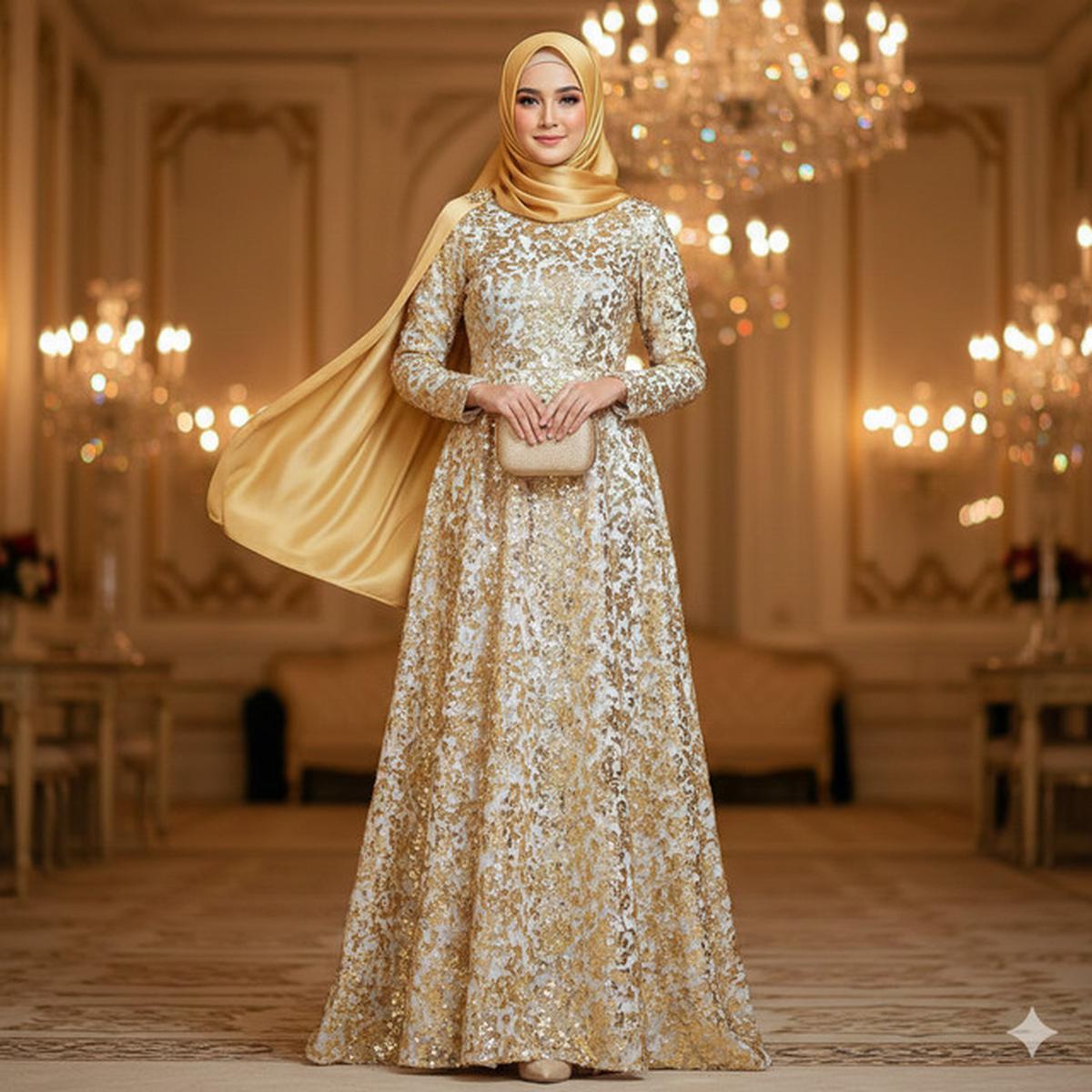 7 Model Gamis Cloud Dancer Kombinasi Gold untuk Kondangan Glamor, Tampil Mewah Tanpa Berlebihan