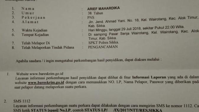 - Tiga anggota Satuan Polisi Pamong Praja Kabupaten Sikka dilaporkan  ke Polisi oleh Arief Mahardika warga Kelurahan Wairotang , Kecamatan Alok  Timur, Kabupaten Sikka, Minggu (22/7/18) 22.00 Wita.