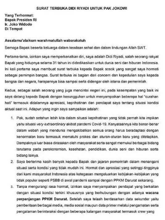 Ia mengatakan bahwa surat terbuka ini merupakan bentuk kepeduliannya kepada bangsa dan negara. Didi pun berharap agar harapannya dalam surat terbuka ini bisa didengar oleh istana dan pemerintah. (Instagram/didiriyadi_official)