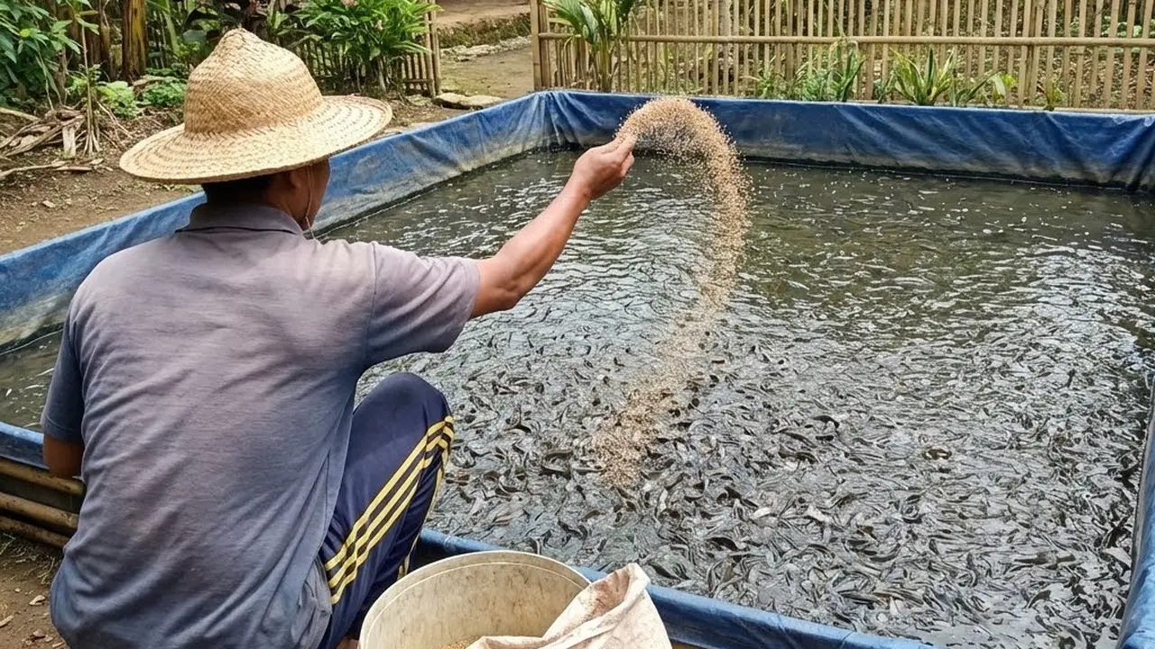 Memberi makan ikan lele usia 20 harian (Gemini AI)