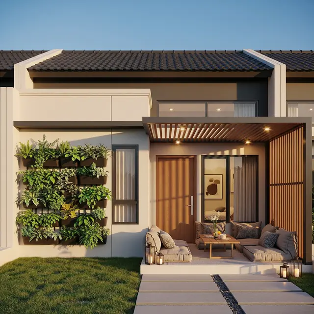 Contoh Rumah Kecil Type 45 dengan Taman Samping dan Teras Lesehan (Image by Gemini AI)