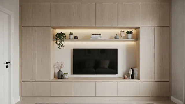 Built-in Cabinet Menyatu dengan Dinding Televisi