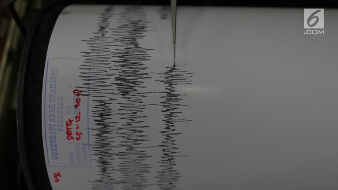 Alat seismograf yang memantau aktivitas Gunung Anak Krakatau Pos Pengamatan di Cinangka, Banten, Selasa (25/12). Dari pantauan tersebut anak krakatau berstatus siaga dihimbau masyarakat untuk tetap berhati-hati. (Liputan6.com/Angga Yuniar)
