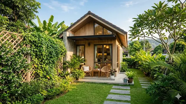 Model Rumah Mungil dengan Tanaman Rambat di Sisi Rumah
