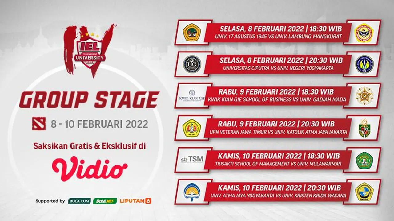 Saksikan IEL University series IV : Group Stage, Mulai 8-10 Februari 2022 di Vidio