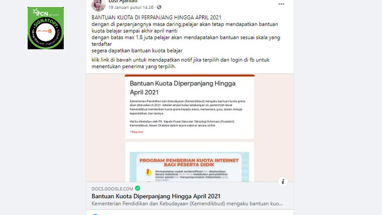 Cek Fakta Liputan6.com memelusuri informasi cara mendapat perpanjangan kuota internet peserta didik hingga April 2021