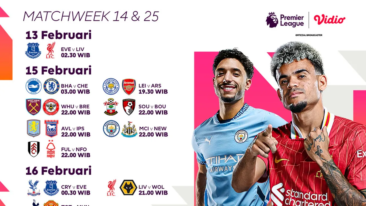Jadwal Link Siaran Langsung Liga Inggris 2024/25 di Vidio pada Matchweek ke 25 Pekan Ini