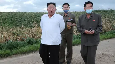 Dalam gambar tak bertanggal yang dirilis 28 Agustus 2020 memperlihatkan pemimpin Korea Utara, Kim Jong-un (kiri) mengunjungi daerah yang dilanda topan di Provinsi Hwanghae Selatan. Kunjungan Kim dilakukan usai televisi pemerintah KCTV menayangkan adegan kerusakan akibat topan. (STR/AFP/KCNA VIA KNS)