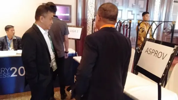 Para voters KLB PSSI mulai berdatangan di Hotel Shangri-La, Jakarta. (Cakrayuri Nuralam)