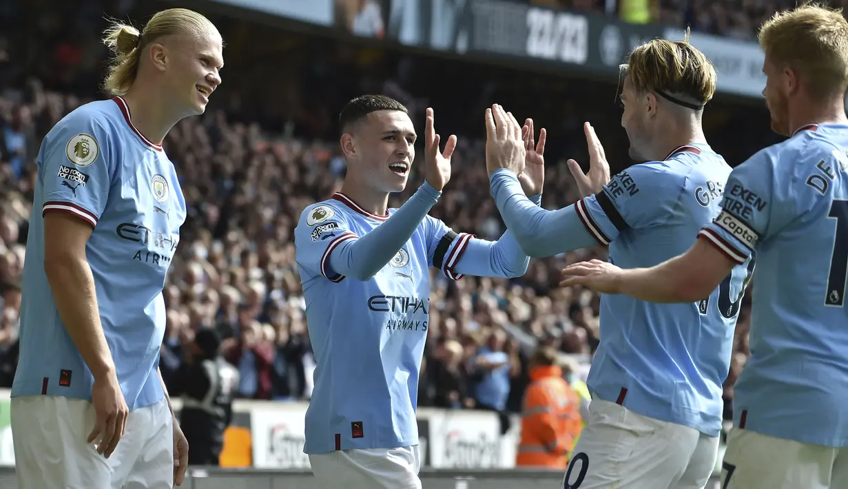 Sedangkan dua gol lainnya masing-masing dicetak oleh Jack Grealish dan Phil Foden. (AP Photo/Rui Vieira)
