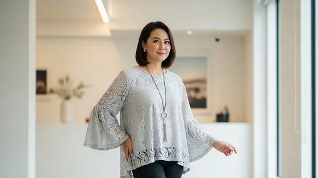Blouse Brokat Longgar dengan Lengan Lonceng Oversized