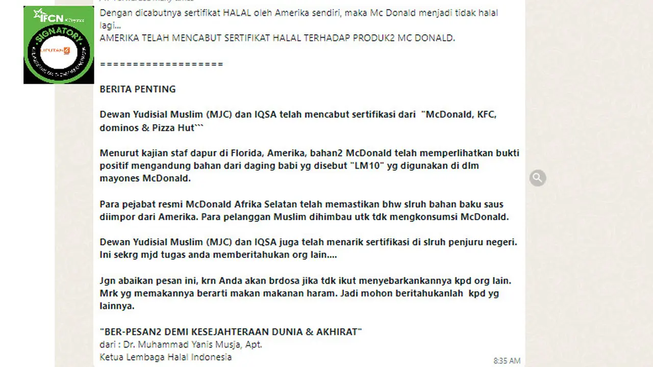 Tangkapan layar klaim MJC cabut sertifikasi halal McDonald’s di seluruh penjuru negeri