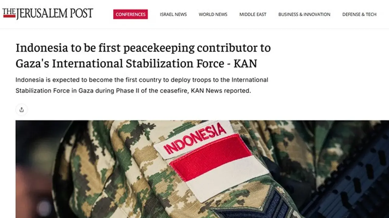 Tangkapan layar media Israel yang memuat artikel tentang pengiriman pasukan Indonesia ke Gaza.