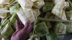 Pedagang menata kulit ketupat yang dijual di kawasan Bintaro, Jakarta, Sabtu (10/8/2019). Menjelang Idul Adha, para pedagang menjual kulit ketupat dengan harga sekitar Rp 8 ribu per sepuluh buah tergantung ukuran. (Liputan6.com/Herman Zakharia)