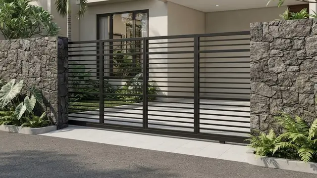 Pagar Geser Horizontal dengan Aksen Batu Alam