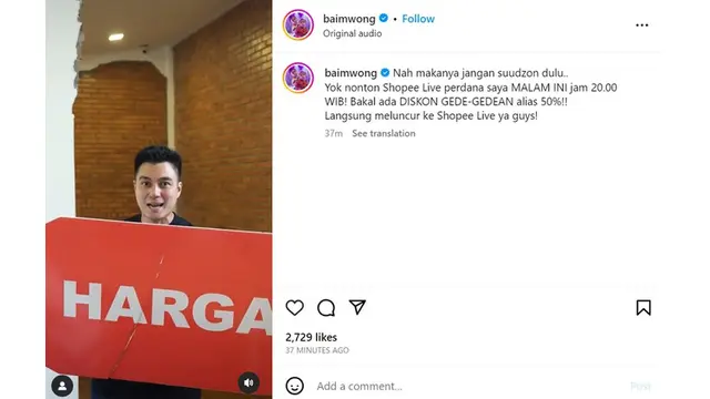 Tambah Lapak Streaming Jualan ke Shopee Live, Baim Wong Viral!
