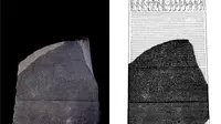 Rosetta Stone yang ditemukan (kiri) dan ilustrasi prasasti ketika masih utuh (kanan). Dok: British Museum