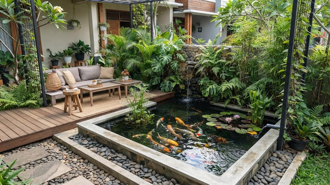 Teras dengan Integrasi Kolam Ikan Minimalis