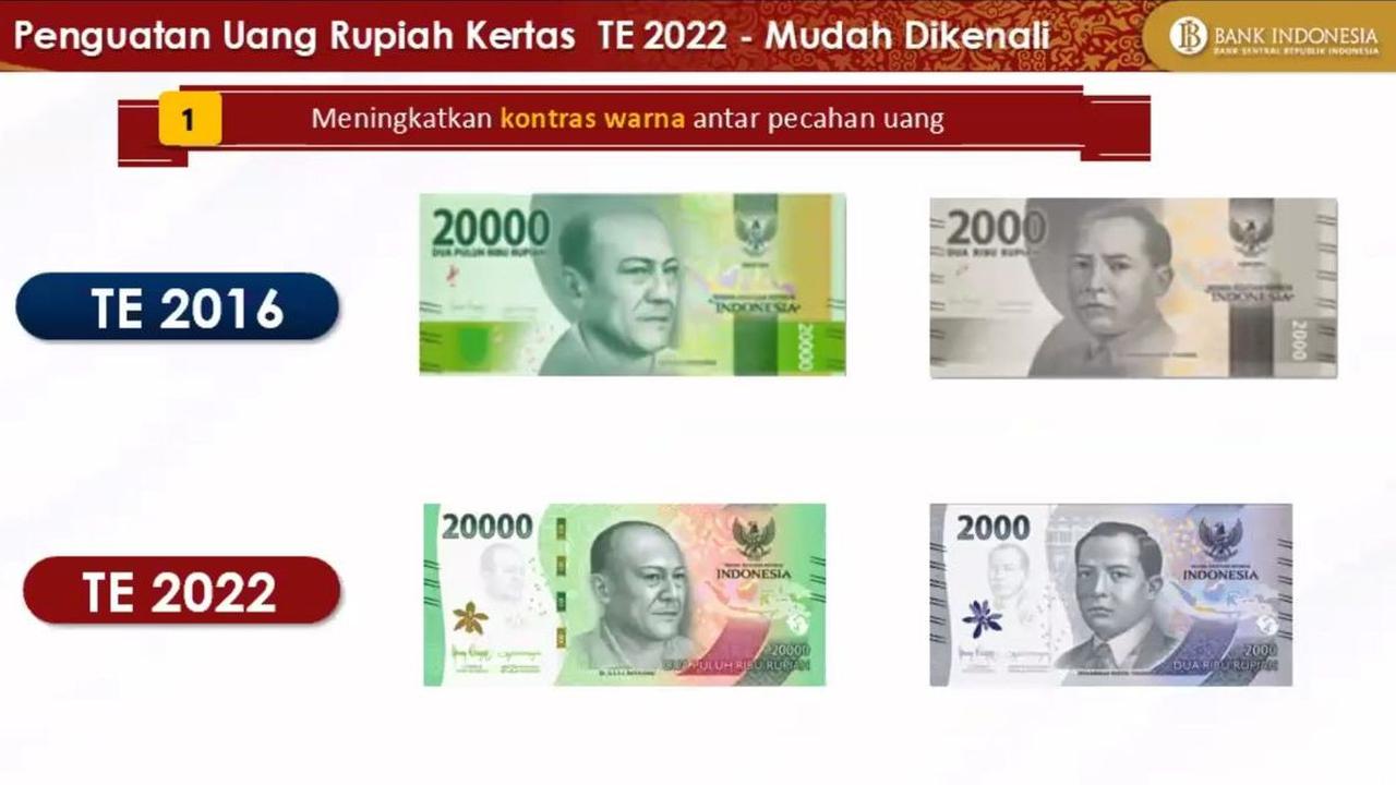 Uang baru rupiah tahun emisi 2022. Dengan adanya uang baru ini lebih memudahkan untuk membedakan pecahan Rp 2.000 dengan Rp 20.000. (Bank Indonesia)