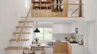 Mezzanine Tipe L (Memanfaatkan Sudut Mati)/Inspirasi Rumah Kecil Mezzanine dengan Walk-in Closet di Ruang Atas (Sumber: gemini.com)