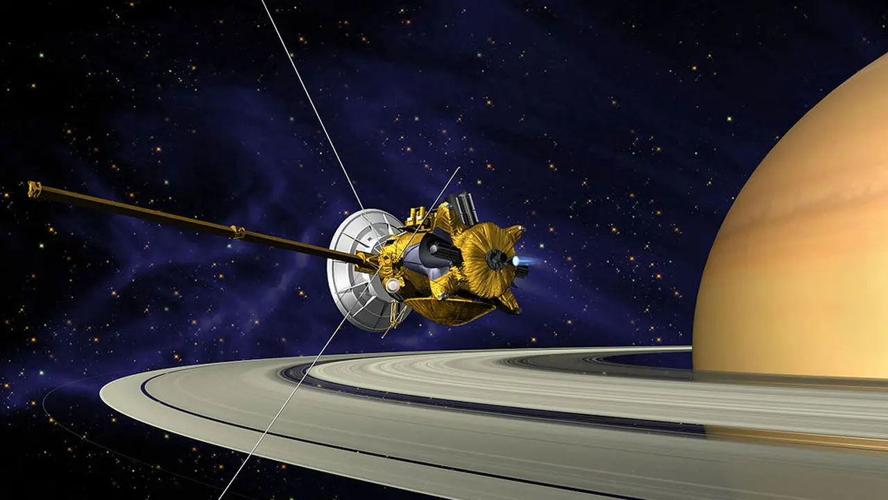 Ilustrasi pesawat Cassini–Huygens mengorbit Saturnus