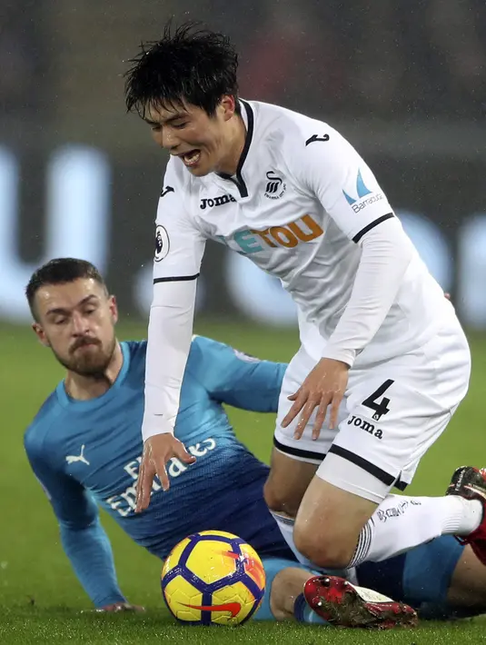 Pemain Arsenal, Aaron Ramsey (kiri) dan pemain Swansea City, Ki Sung-yueng berebut bola pada lanjutan Premier League di Liberty Stadium, Swansea, Wales, (30/1/2018). Arsenal kalah 1-3. (Nick Potts/PA via AP)