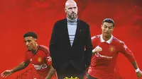 Manchester United - Erik ten Hag Dikelilingi Cristiano Ronaldo dan Jadon Sancho (Bola.com/Adreanus Titus)