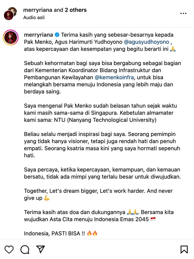 Unggahan Merry Riana. (Foto: Dok. Instagram @merryriana)