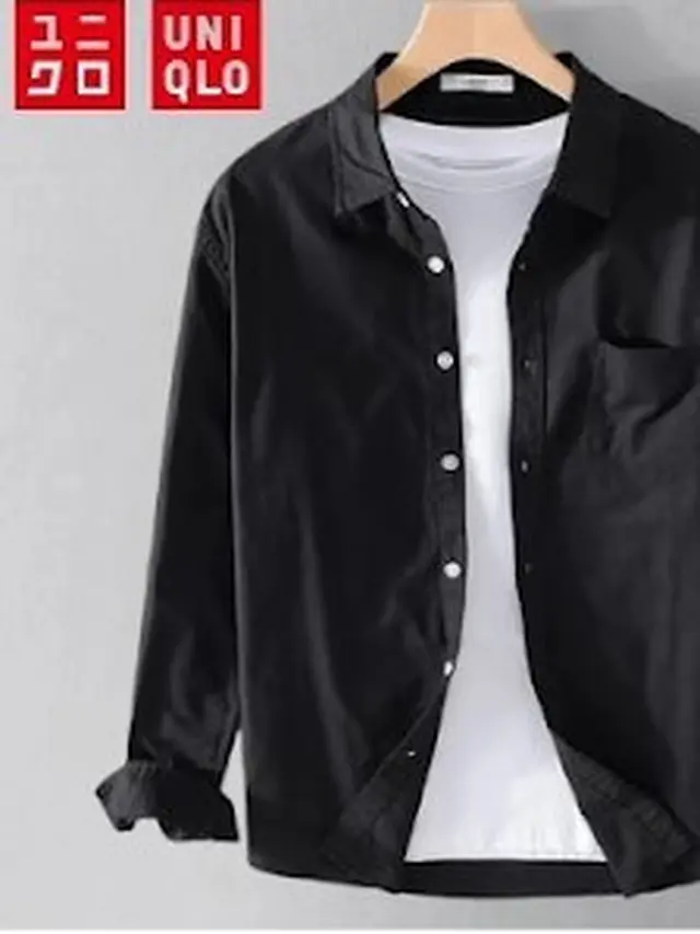UNIQLO Kemeja HItam Panjang Pria Casual Slim Fit