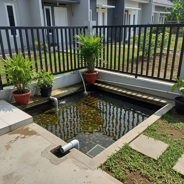Desain Kolam Ikan Air Tawar yang Mudah Dikuras dan Praktis untuk Rumah Subsidi Model di Sudut Halaman