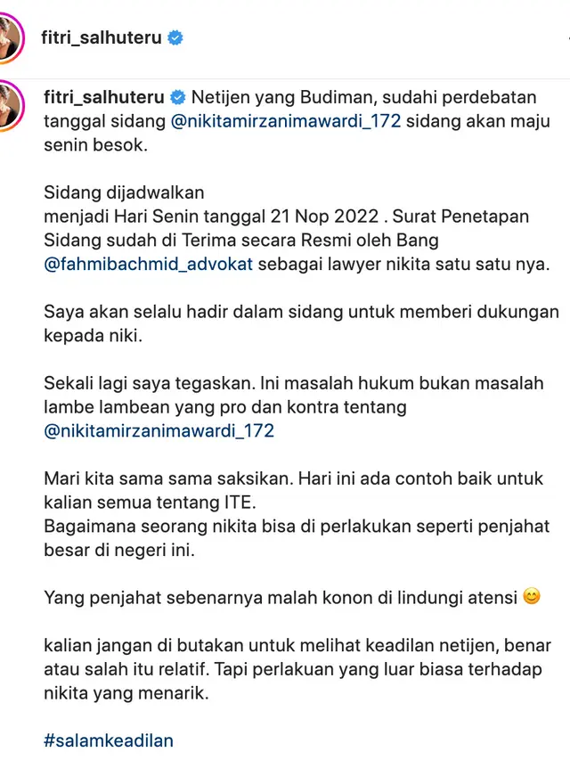 Unggahan Fitri Salhuteru soal jadwal sidang Nikita Mirzani. (Foto: Dok. Instagram @fitri_salhuteru)