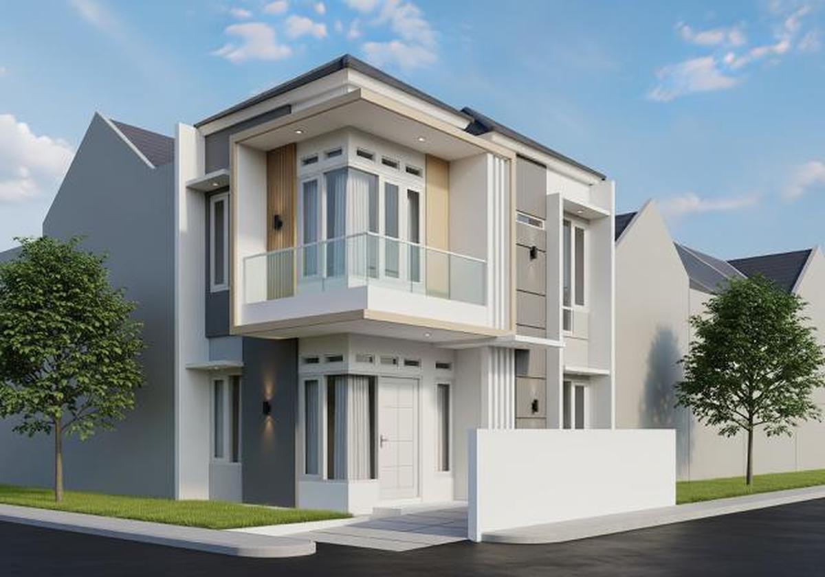 Rumah Minimalis 2 Lantai dengan Balkon Sudut/Desain Tampak Depan Rumah Mungil dengan Balkon Mini (Sumber: gemini.com)