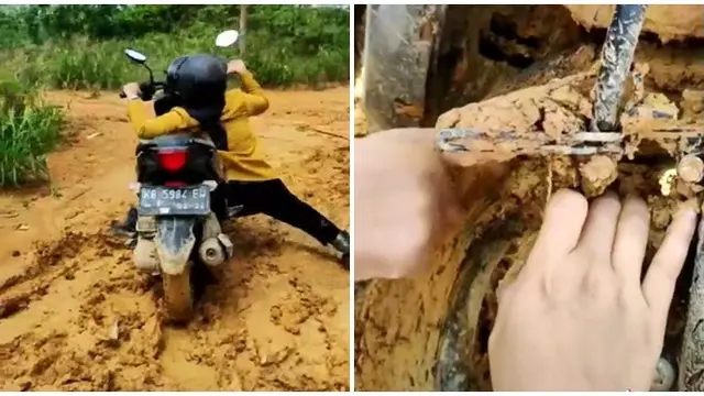 Terjebak di Lumpur, Aksi Wanita Menahan Motornya Agar Tidak Jatuh Ini Kocak