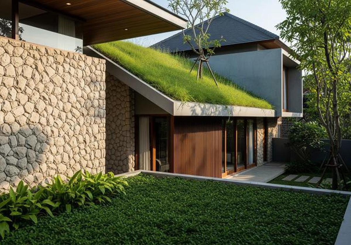 Kombinasi Atap Hijau dan Material Keras (Batu)/Rumah Compact dengan Atap Tanaman Hijau Anti Panas dan Bocor (Sumber: gemini.com)