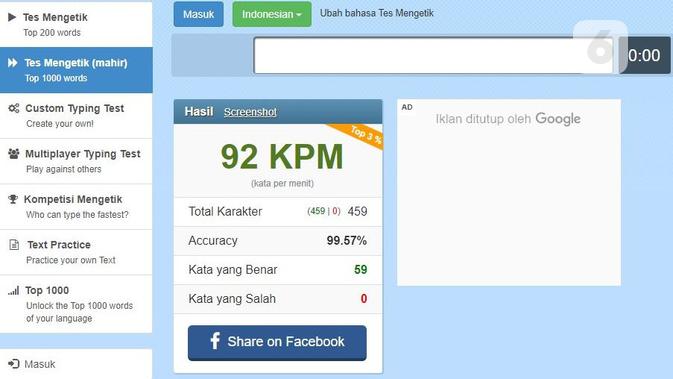 Skor kecepatan mengetik 92 kata per menit