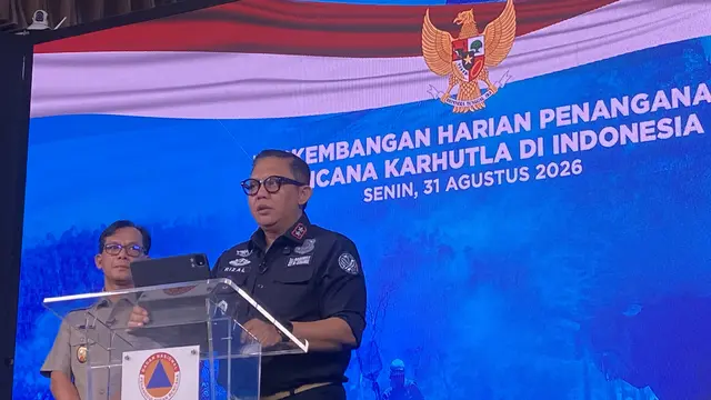 Deputi Bidang Penegakan Hukum Lingkungan Hidup KLH/BPLH, Rizal Irawan dalam konferensi pers bersama BNPB di Jakarta, Senin (31/8/2026). (Liputan6.com/Devira Prastiwi).